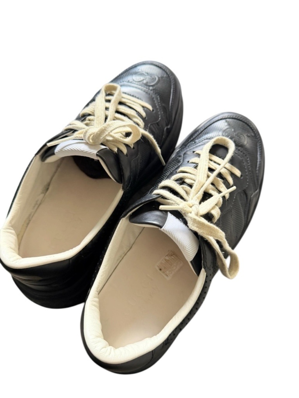 Gucci Embossed  Black Leather Chunky Sneakers with Cream Laces - Picture 5 of 9